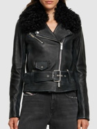 BLUMARINE - Belted Leather Jacket W/ Fur Collar