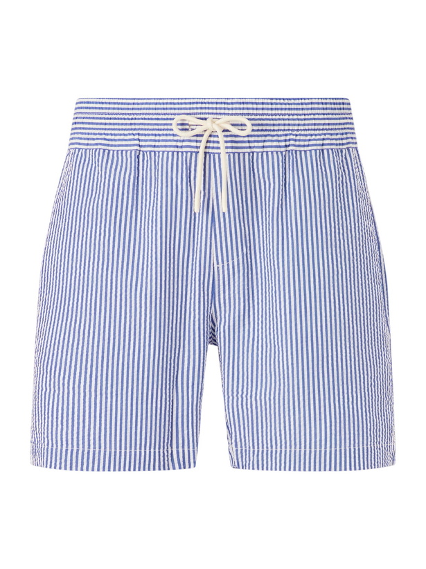 Photo: Portuguese Flannel - Atlantico Straight-Leg Striped Cotton-Seersucker Shorts - Blue