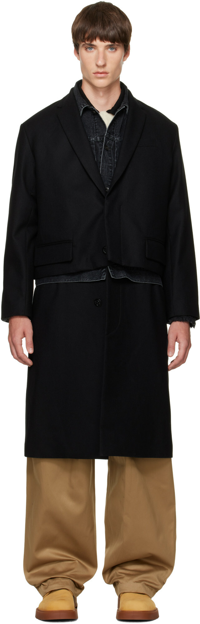 sacai Black Wool Flannel x Denim Coat