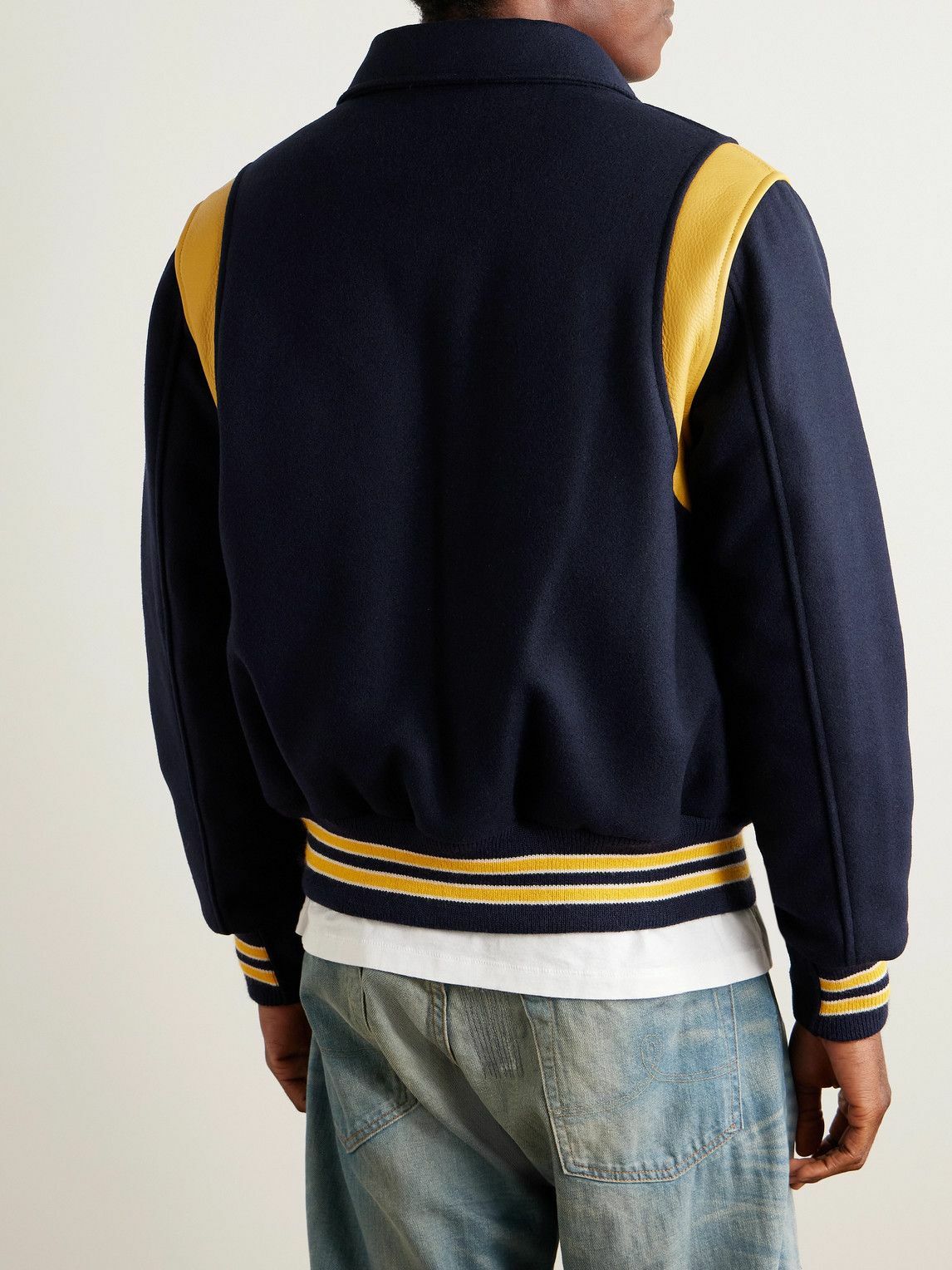 Golden Bear - Striped Leather-Trimmed Padded Wool-Blend Felt Varsity Jacket - Blue