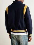 Golden Bear - Striped Leather-Trimmed Padded Wool-Blend Felt Varsity Jacket - Blue