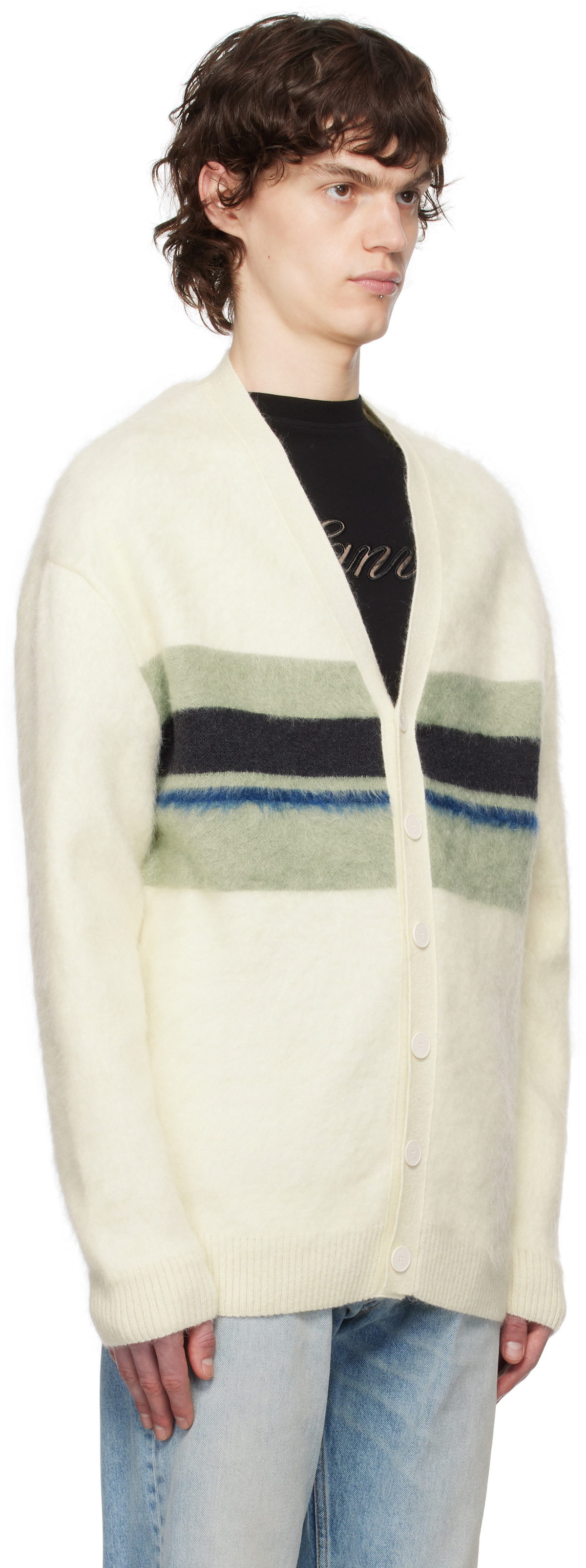 Lanvin Off-White & Green Striped Brushed Mohair Cardigan