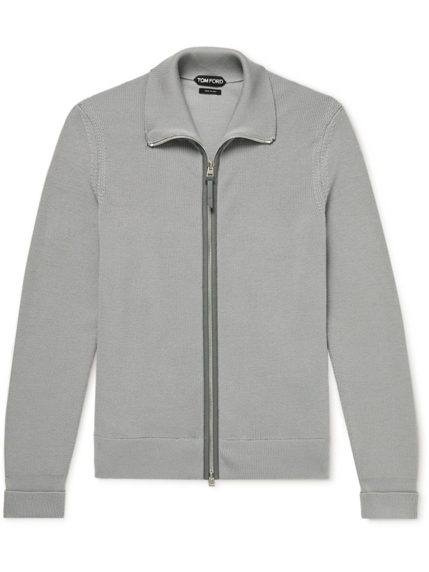 Photo: TOM FORD - Slim-Fit Leather-Trimmed Wool Zip-Up Cardigan - Gray
