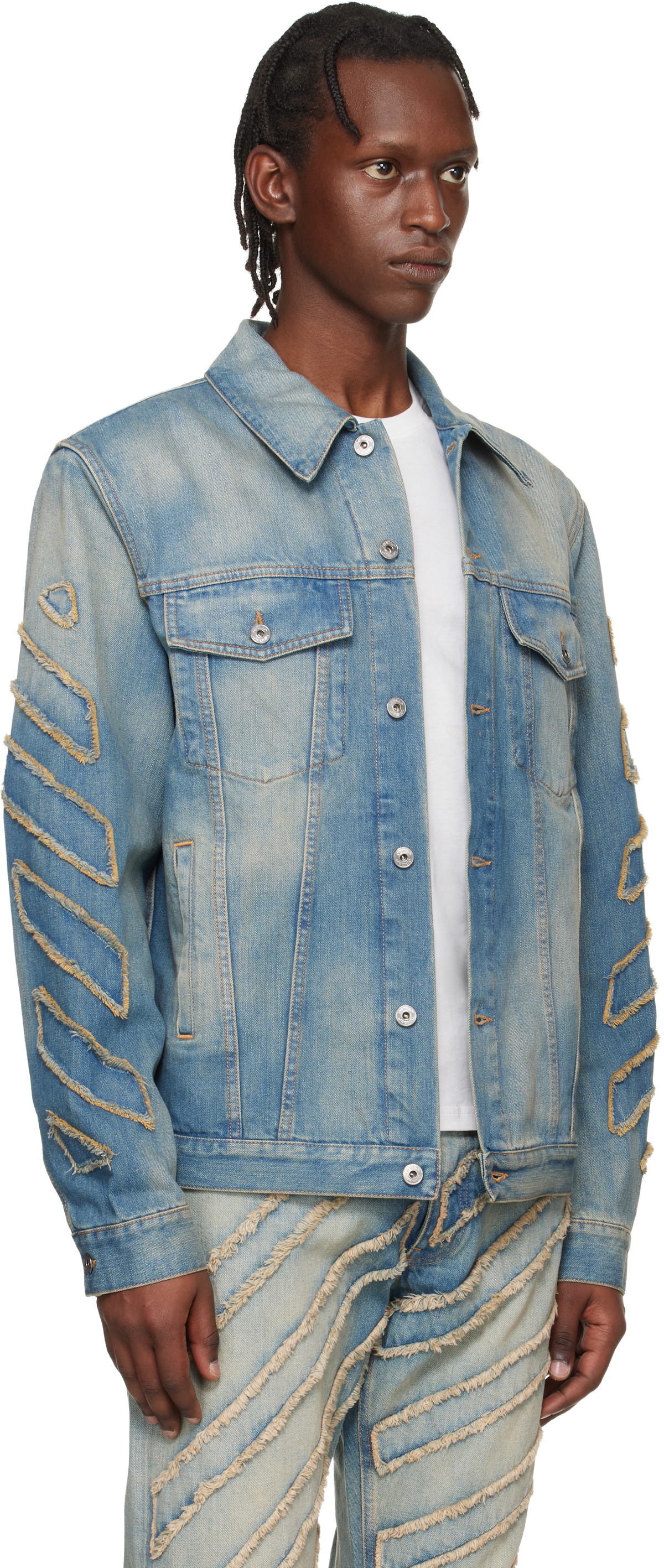 Off-White Blue Diagonal Raw Patch Denim Jacket