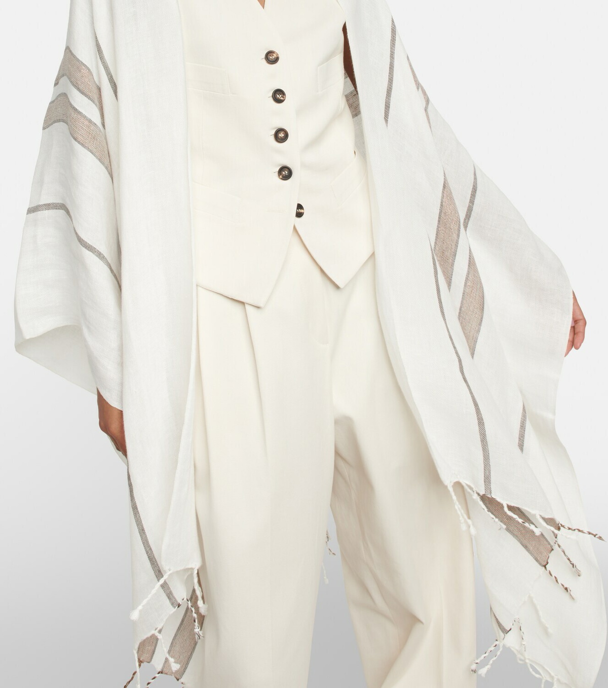 Brunello Cucinelli - Linen-blend striped lamé cape