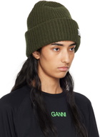 GANNI Green Oversized Wool Rib Knit Beanie