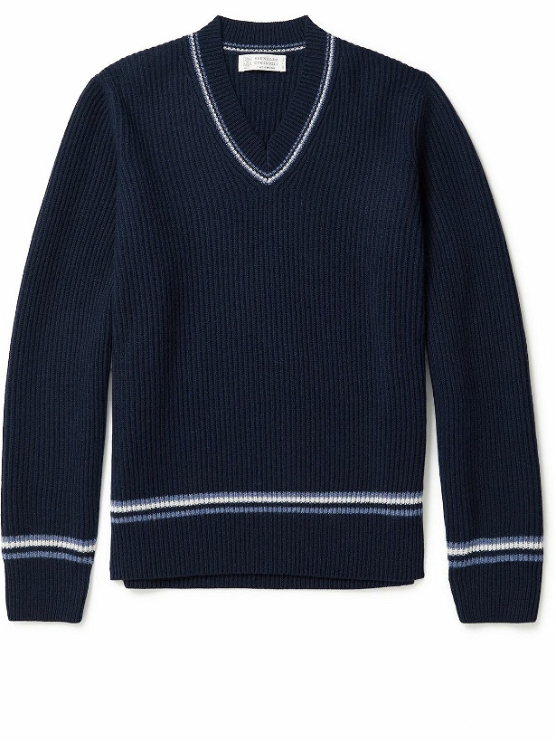 Photo: Brunello Cucinelli - Striped Ribbed Cashmere Sweater - Blue