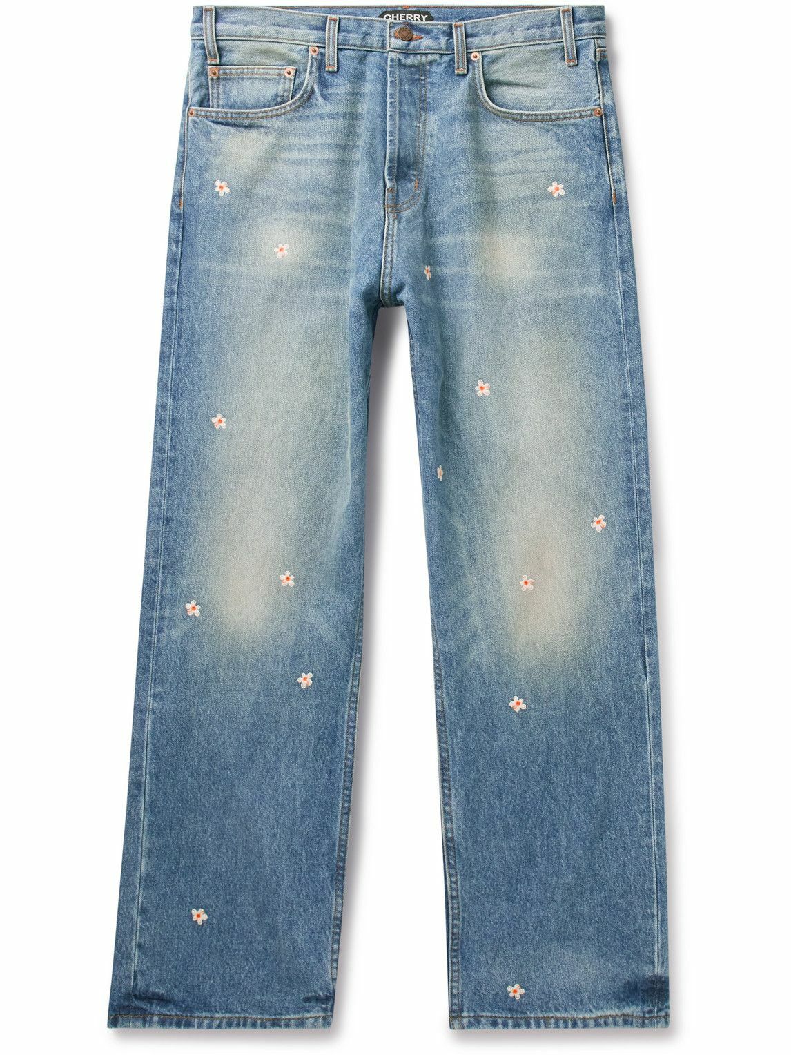 デニム・ジーパン STRAIGHT FIT CHERRY EMBROIDERY DENIM PANTS Cheri Cherry Blue Denim Jean – FINESSE