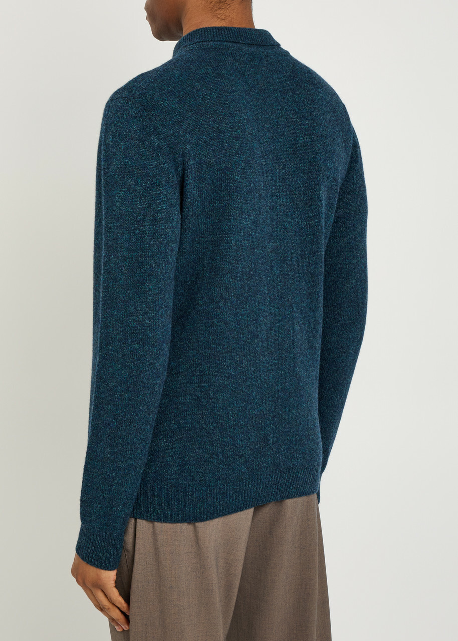 Sunspel Melangé Wool Polo Jumper Navy