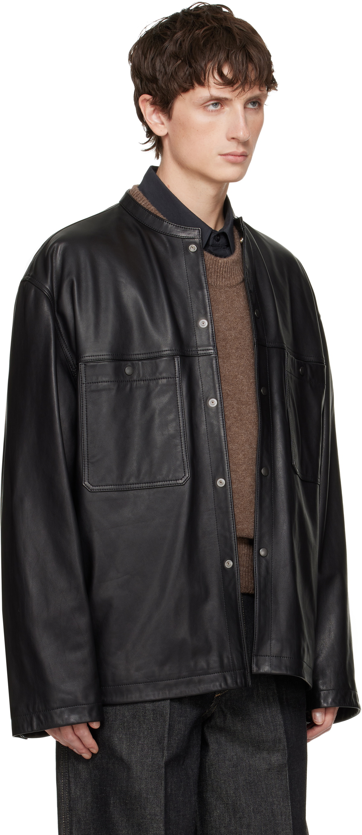 LEMAIRE Black Collarstand Leather Overshirt Lemaire