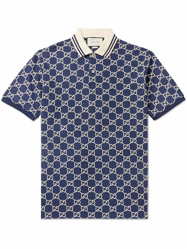 Photo: GUCCI - Logo-Embroidered Cotton-Blend Piqué Polo Shirt - Blue