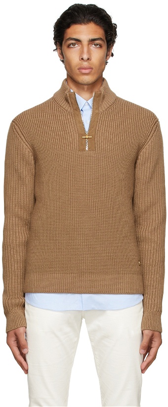 Photo: Dunhill Brown Engineered Half-Zip Sweater