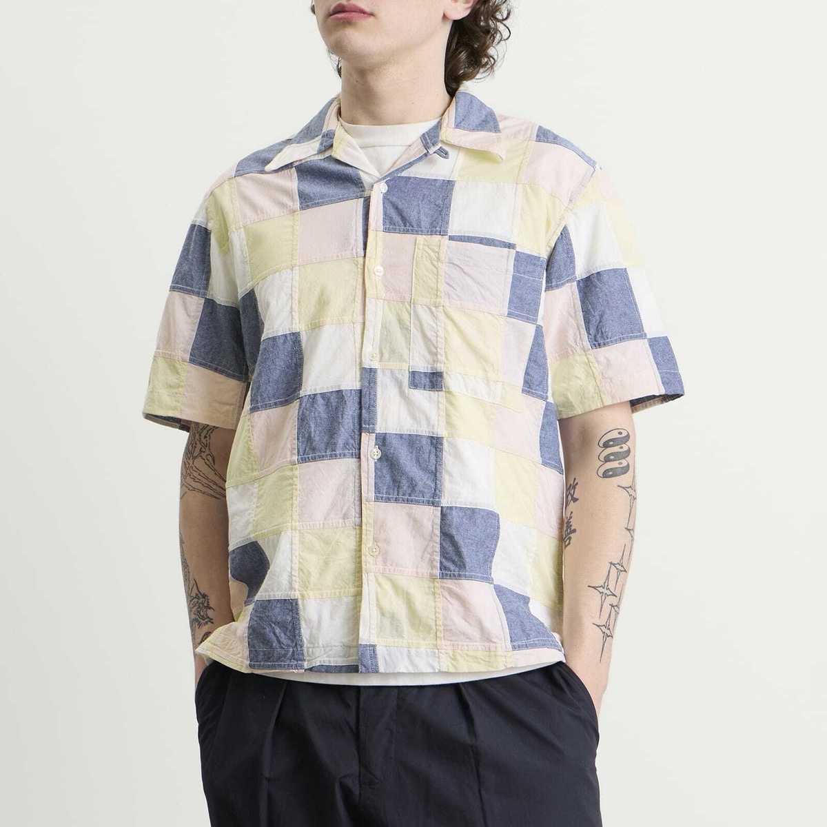 Universal Works Men's Patchwork Check Road Shirt in Pastel Check