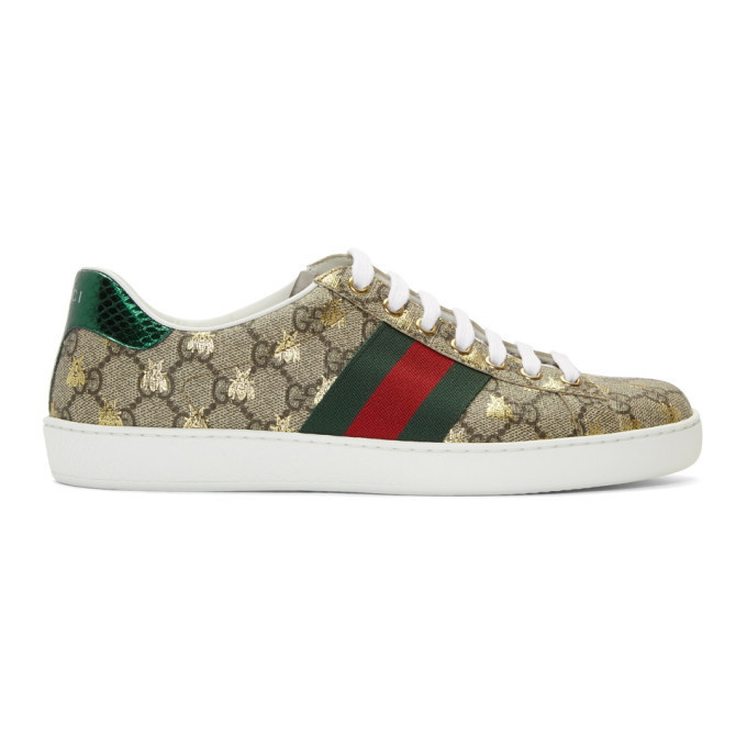 Photo: Gucci Beige and Brown GG Supreme Bees Ace Sneakers