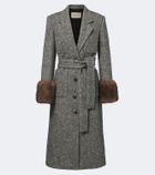 Valentino Herringbone shearling-trimmed wool-blend coat