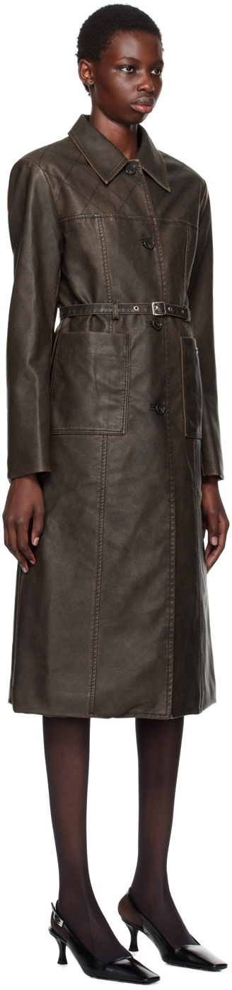 Kijun Brown Stitched Faux-Leather Coat