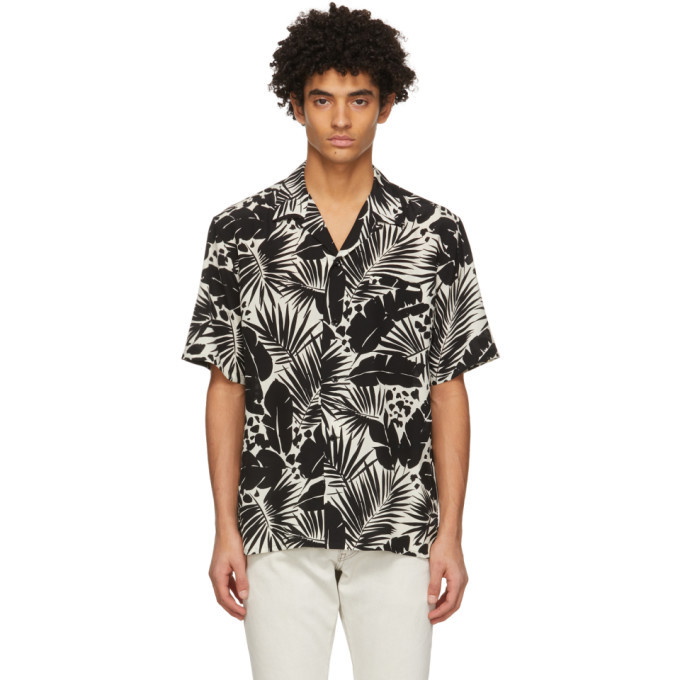 Photo: Saint Laurent Black and White Silk Tropical Shark-Collar Short Sleeve Shirt