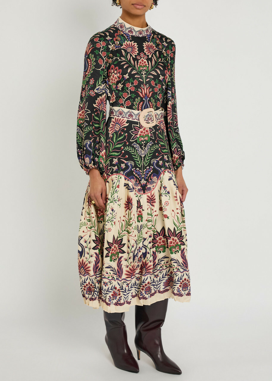 Farm Rio Marvelous Garden Floral-print Satin Midi Dress Black