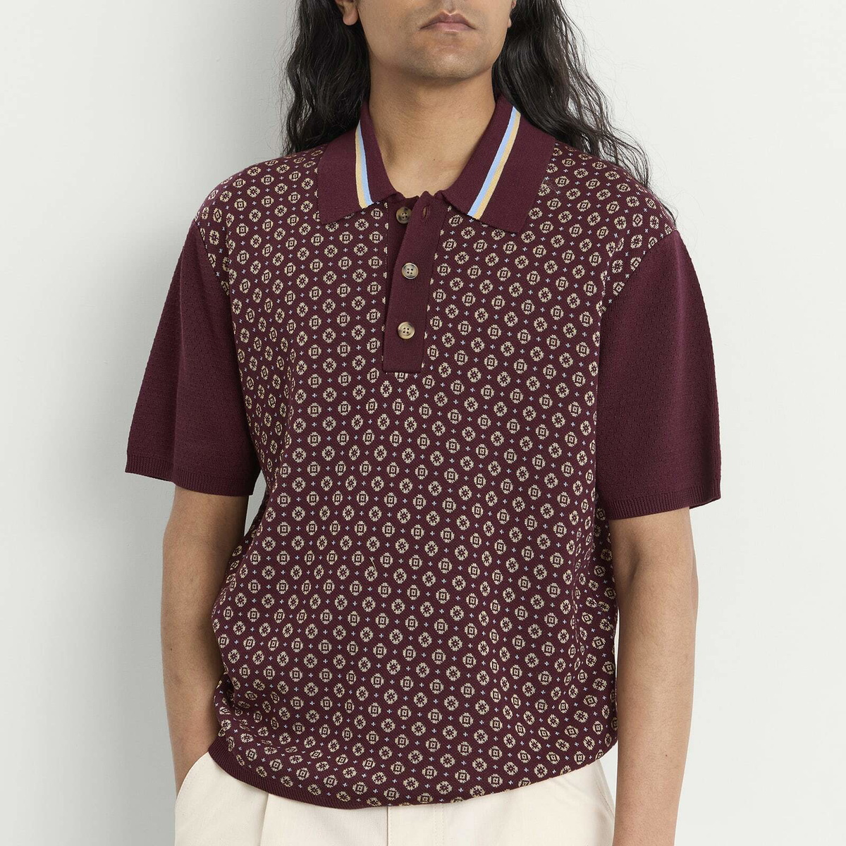Drôle de Monsieur Men's Jacquard Polo Shirt in Dark Red