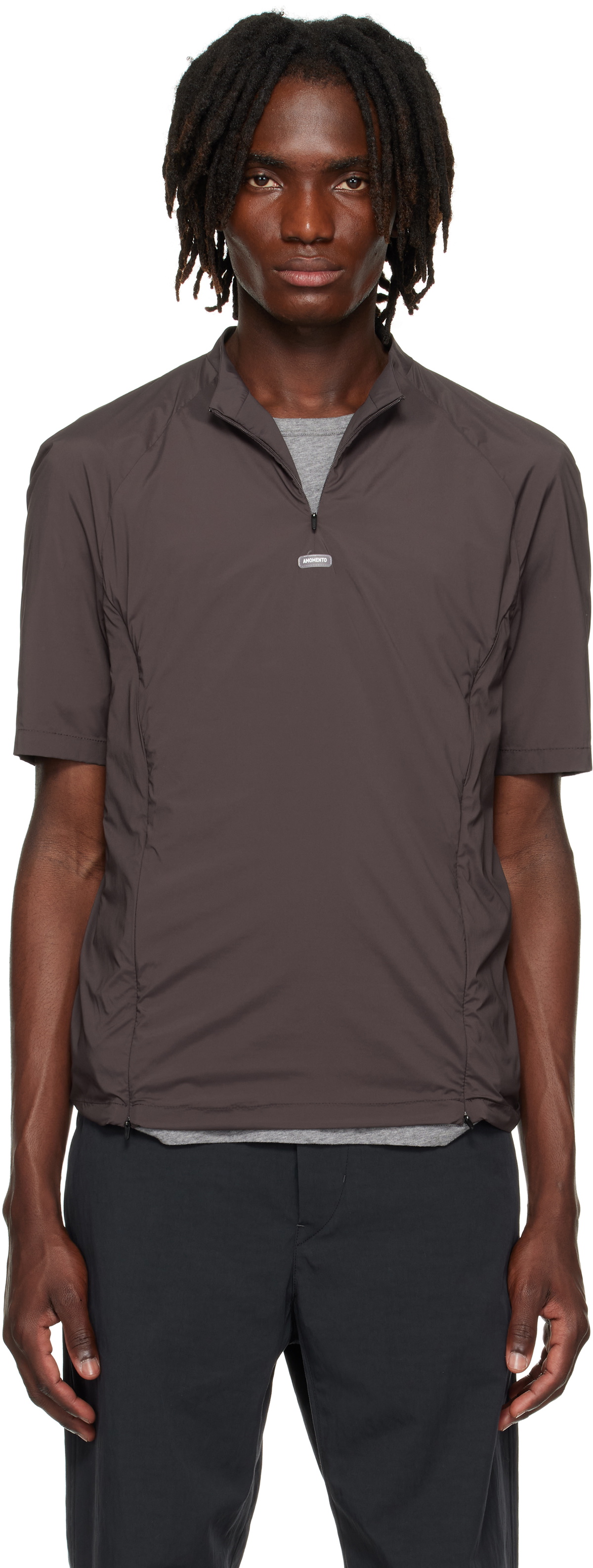 AMOMENTO Brown Mock Neck Zip T-shirt