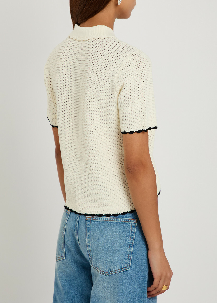 Frame The Daybreak Pointelle-knit Polo top Beige