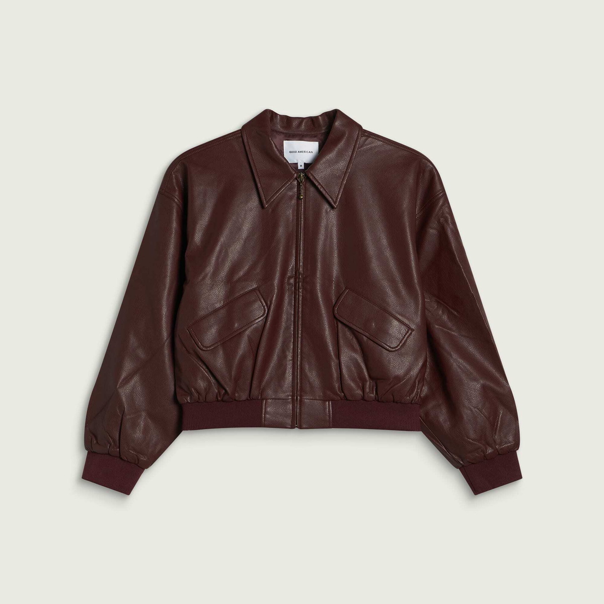 Good American Women's Leather Cropped Bomber Jacket in Berry Noir