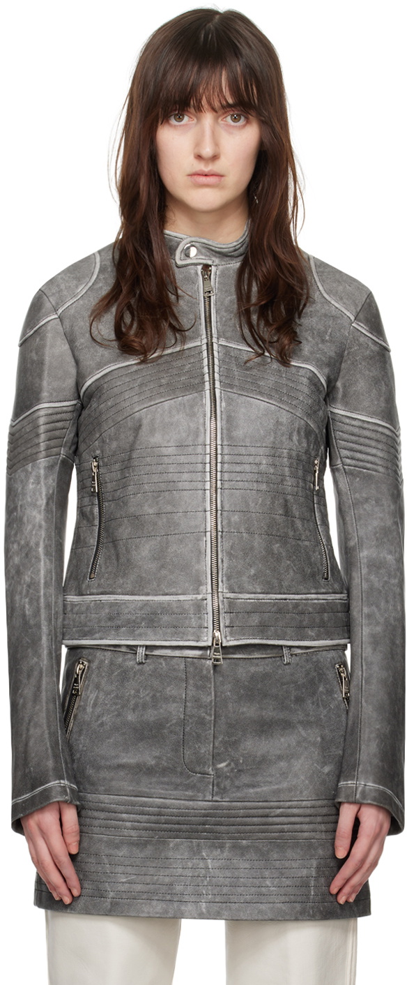 WYNN HAMLYN Gray Zip Leather Jacket Wynn Hamlyn