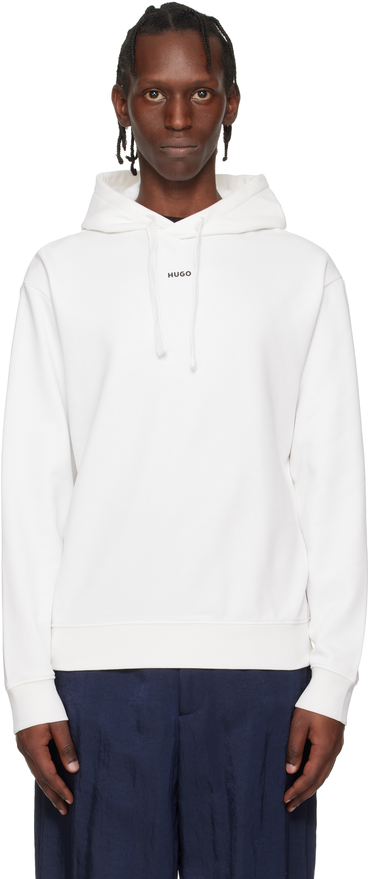 Hugo White Relaxed-Fit Logo Print Hoodie