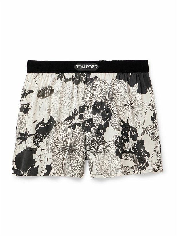 Photo: TOM FORD - Floral-Print Velvet-Trimmed Stretch-Silk Satin Boxer Shorts - White