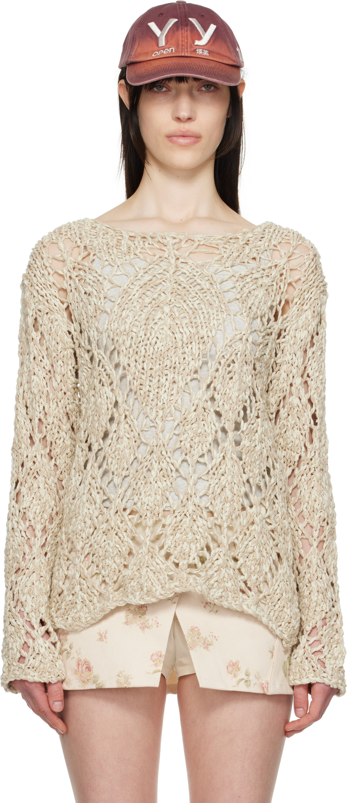 OPEN YY Women's Argyle Pointelle Knit Bolero in Beige OPEN YY