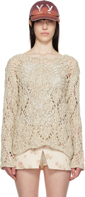 Photo: OPEN YY Beige Cotton Argyle Pointelle Pullover Sweater