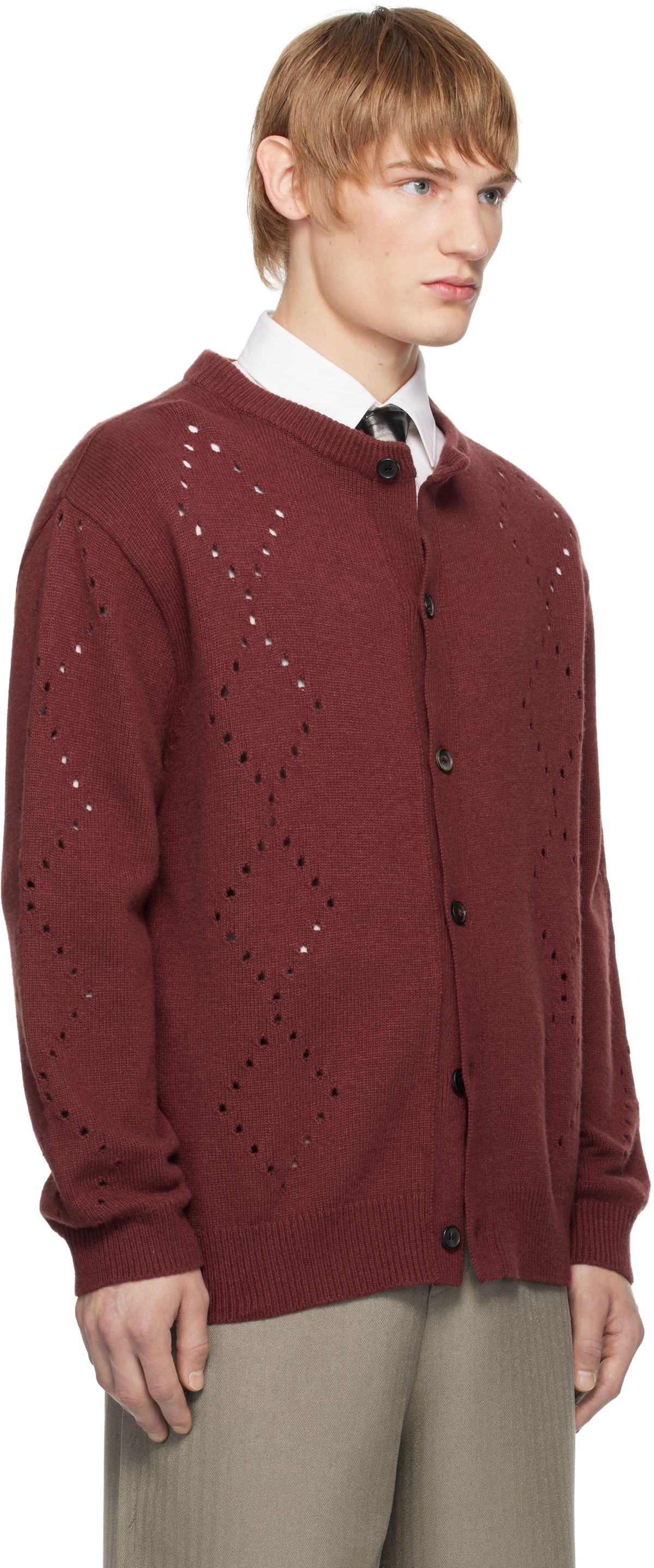 Youth Burgundy Argyle Punching Knit Cardigan