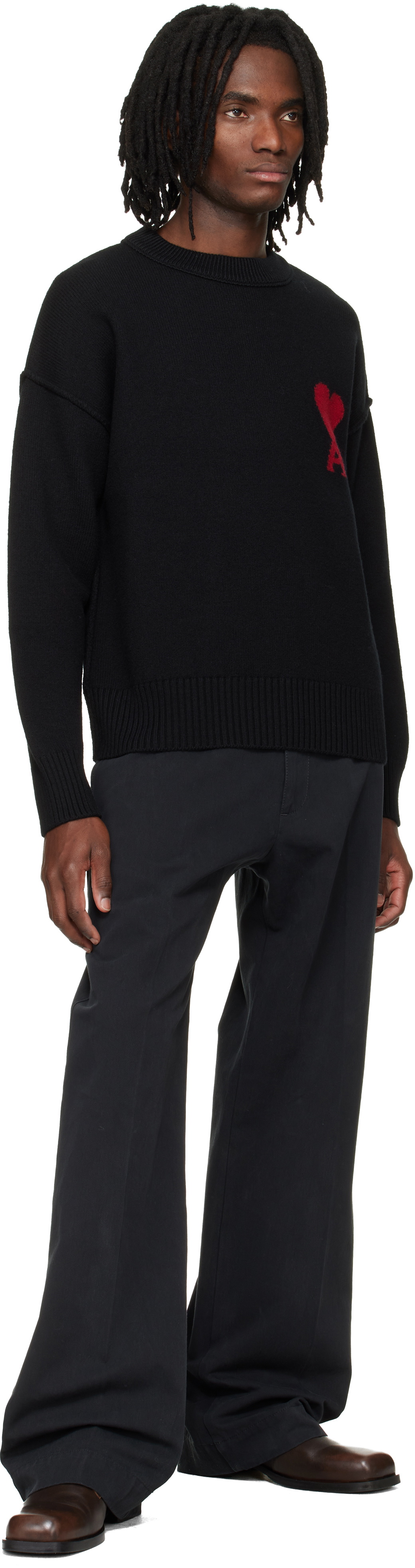 AMI Paris Black Wool Contrasted Ami de Coeur Crewneck Sweater