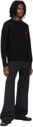 AMI Paris Black Wool Contrasted Ami de Coeur Crewneck Sweater