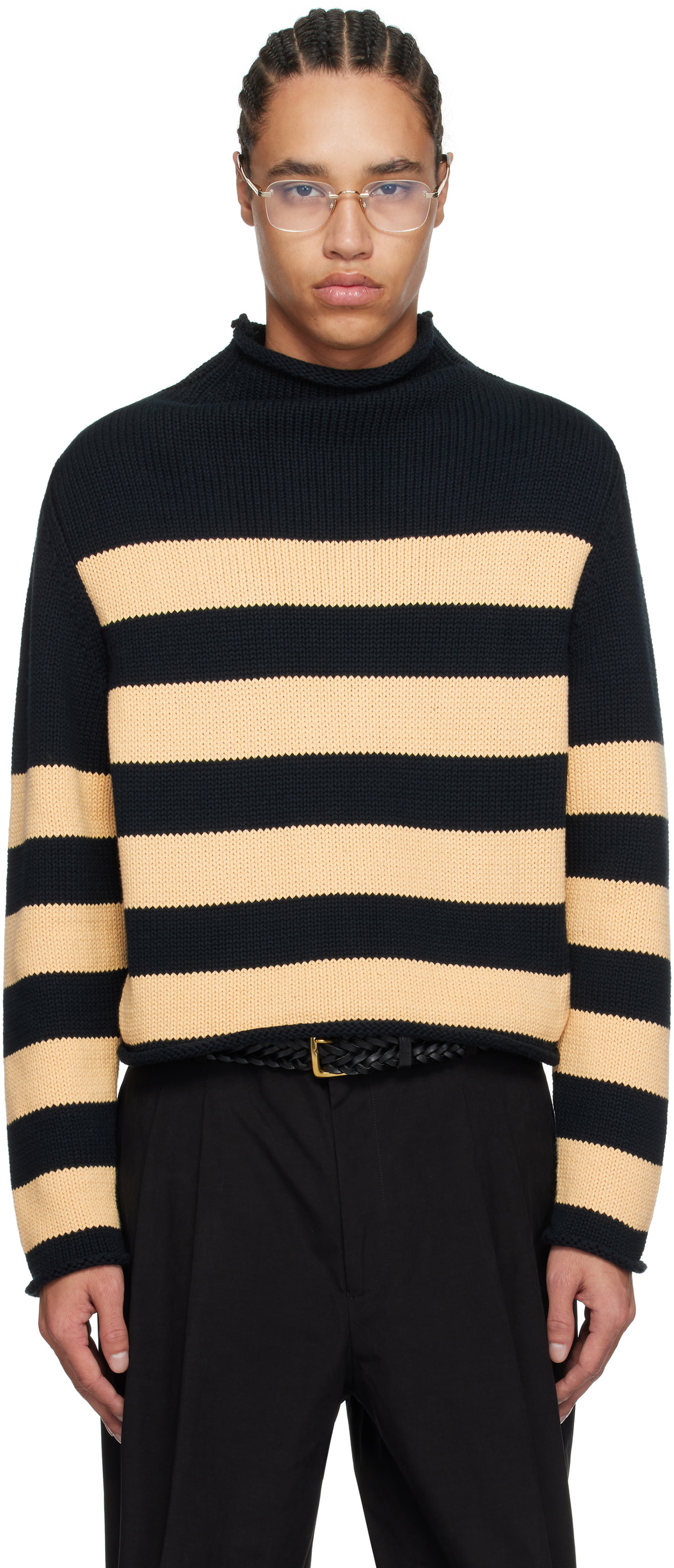 Carter Young Navy & Beige Striped Roll Neck Sweater