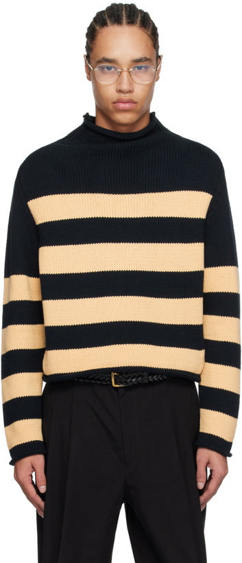 Photo: Carter Young Navy & Beige Striped Roll Neck Sweater