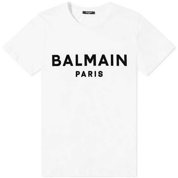 Photo: Balmain Men's Flocked Paris Logo T-Shirt in White/Black