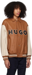 Hugo Orange & Beige Color-Blocked Varsity Leather Jacket