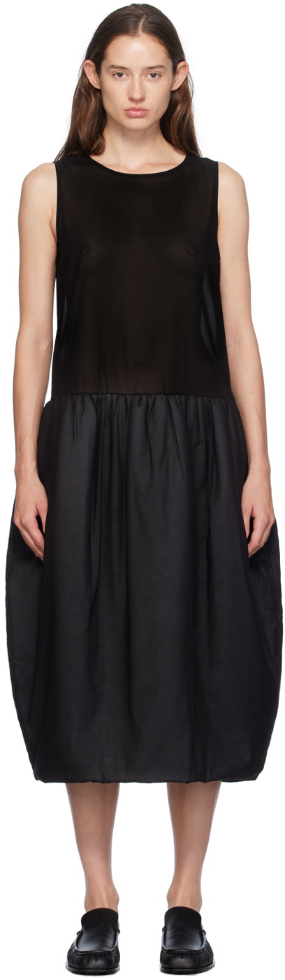 AMOMENTO Black Sheer Padded Balloon Midi Dress AMOMENTO AMOMENTO Black Sheer Padded Balloon Midi Dress AMOMENTO