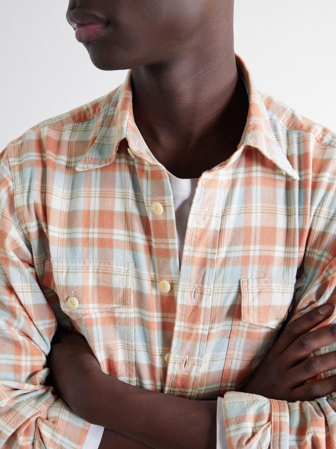 Drake's - Checked Brushed Cotton-Flannel Shirt - Orange