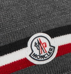 Moncler - Logo-Appliquéd Striped Ribbed Virgin Wool Beanie - Gray