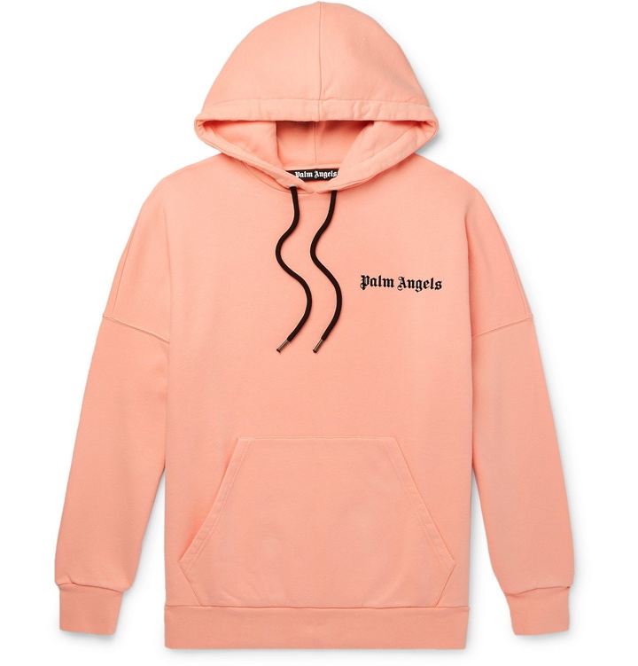 Photo: Palm Angels - Oversized Logo-Flocked Fleece-Back Cotton-Jersey Hoodie - Pink