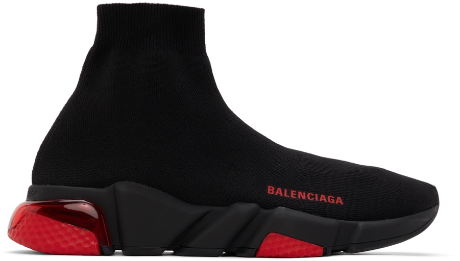 Balenciaga Mens Black  White  Trasp Red Speed 20 Clear Sole Recycled  Knit Sneaker