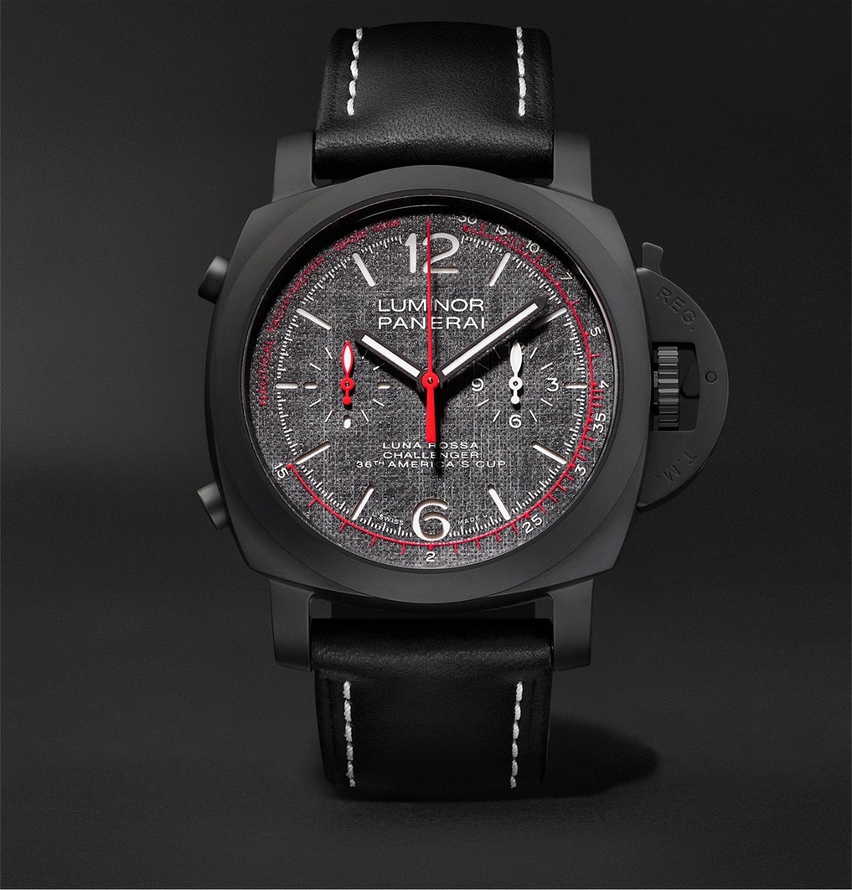 Photo: Panerai - Luminor Luna Rossa Challenger Automatic Flyback Chronograph 44mm Ceramic and Leather Watch - Black