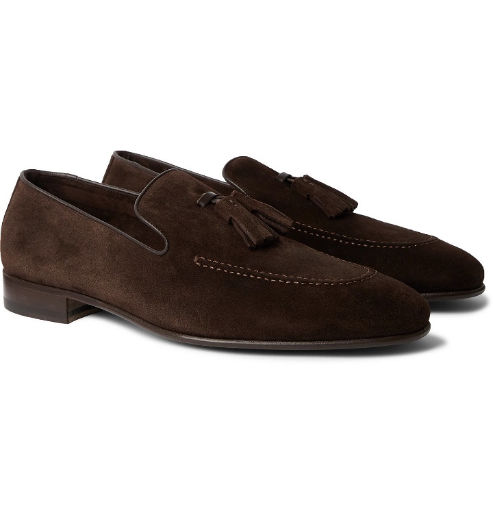 Photo: Manolo Blahnik - Chester Leather-Trimmed Suede Tasselled Loafers - Brown