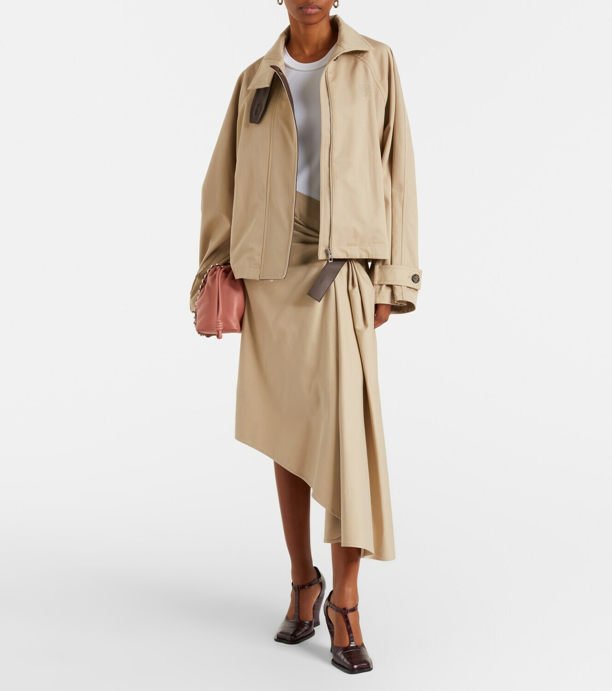 Loewe Leather-trimmed draped cotton and silk midi skirt