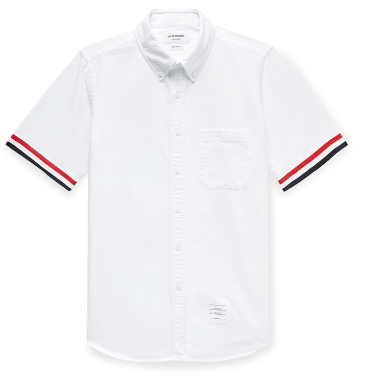 Photo: Thom Browne - Button-Down Collar Striped Grosgrain-Trimmed Cotton Oxford Shirt - White