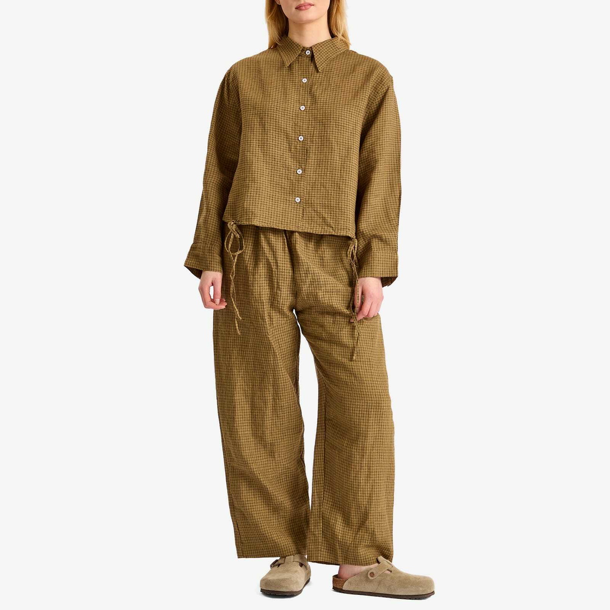 Deiji Studios Women's Tie Hem Linen Set in Pine Check