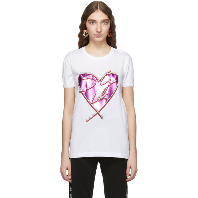 DOLCE & GABBANA レディース ハート ラインストーン Tシャツ Dolce and Gabbana White Metallic Heart T-Shirt Dolce & Gabbana