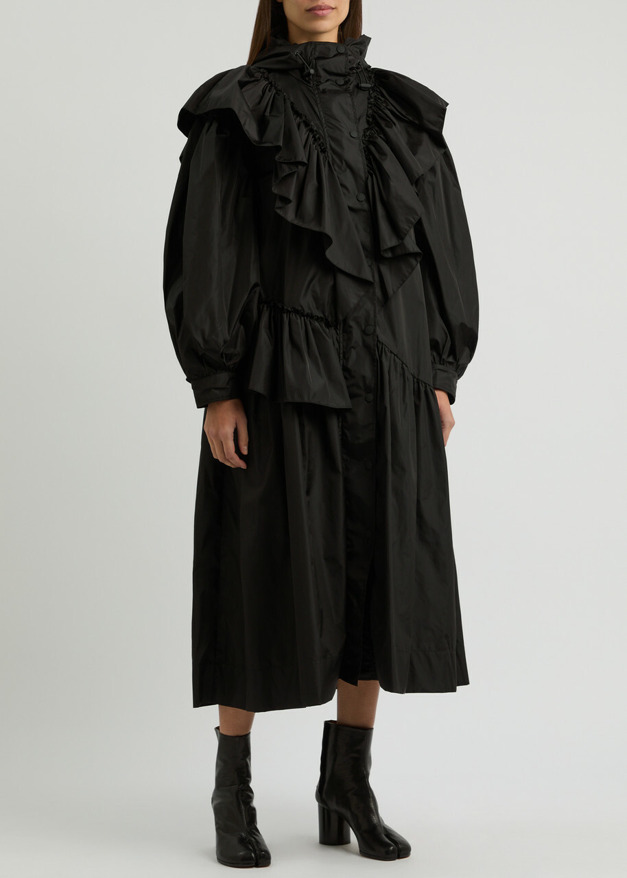 Simone Rocha Ruffle Frill Peplum Jacket in Red/Taupe Tech Nylon